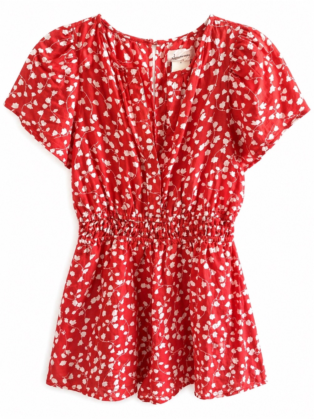 Red and White Floral V-Neck Smocked Waist Top